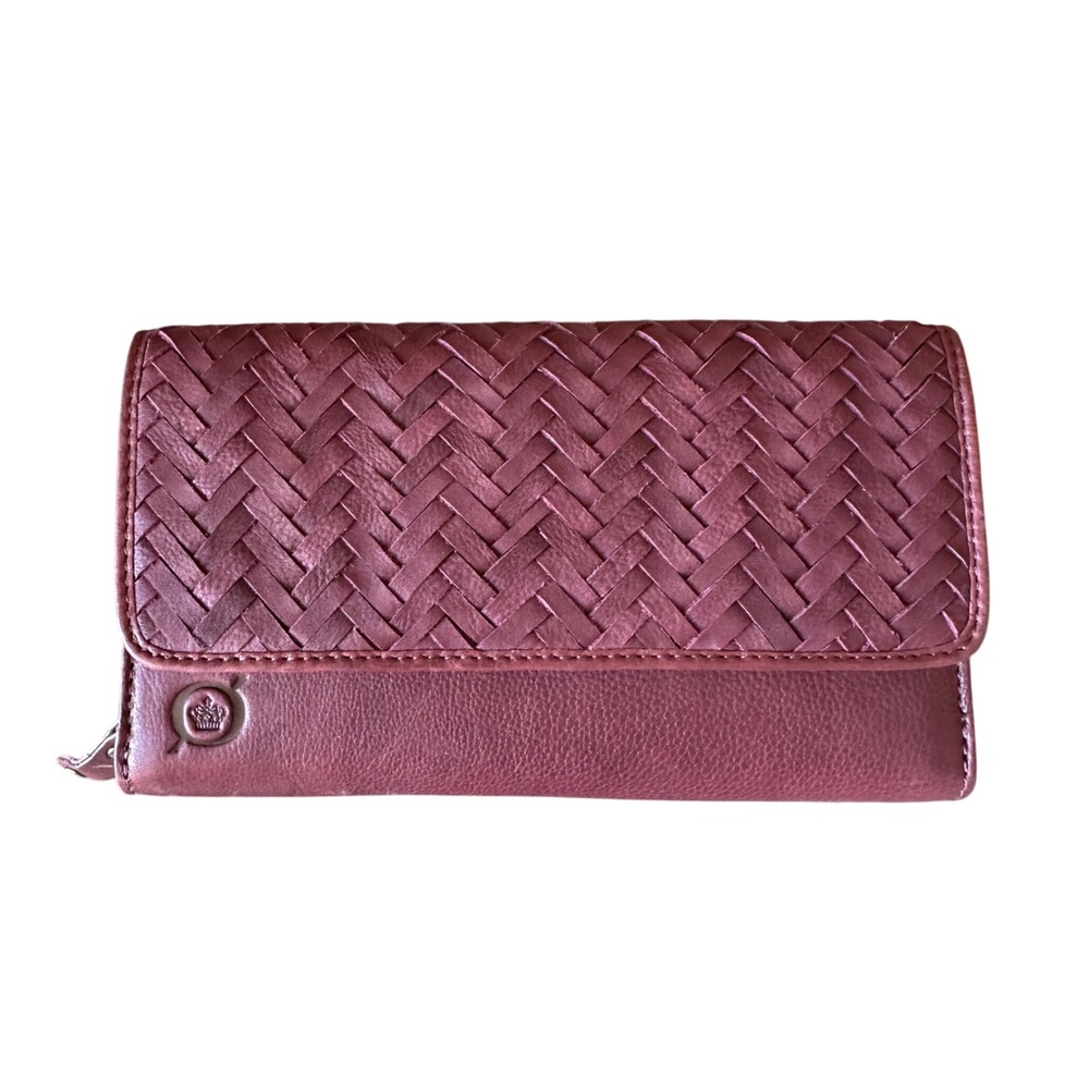 Born Woven Leather Continental Wallet Burgundy Maroon Zip Around Organizer